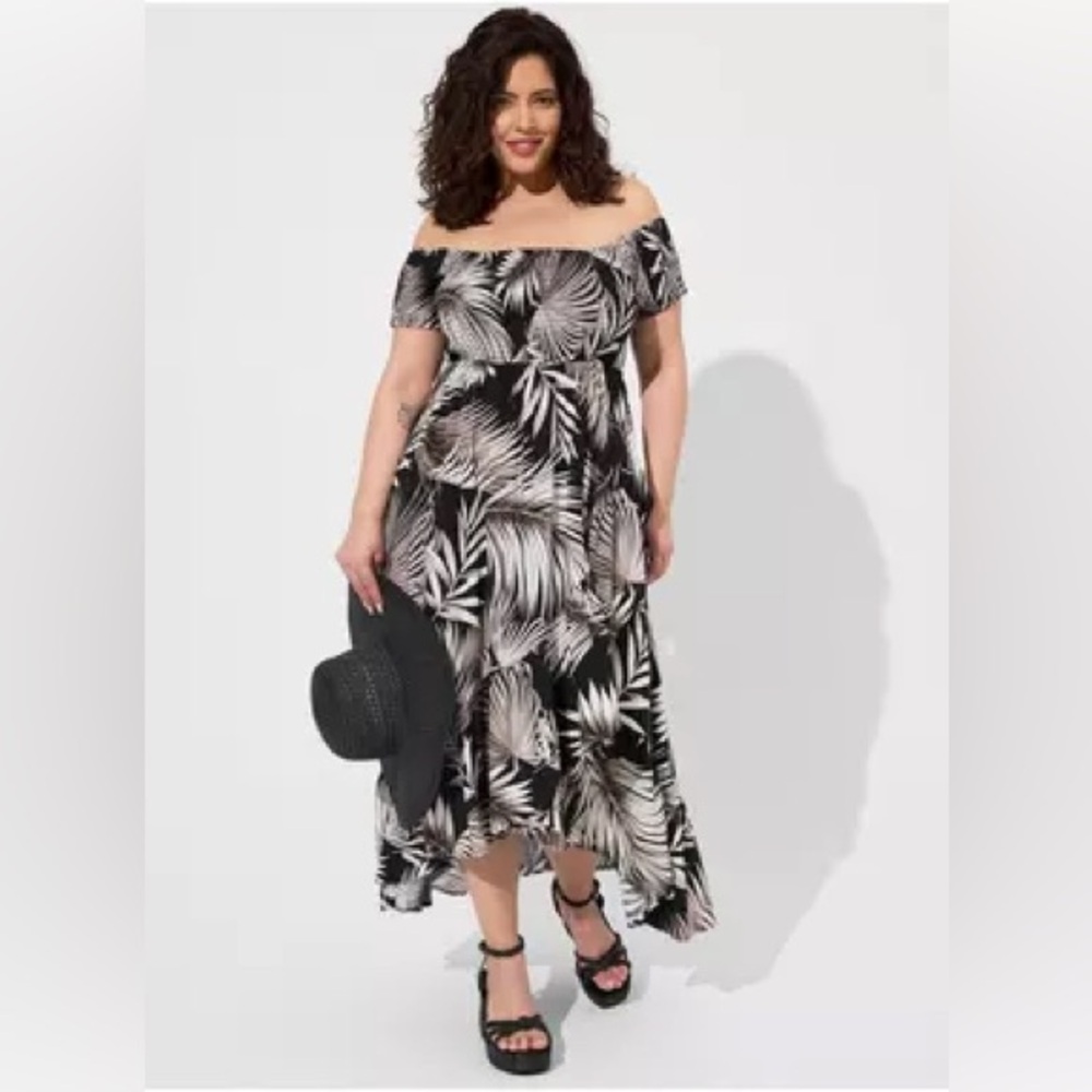 Torrid Palm Print Maxi Challis Off Shoulder Tulip Hi-Low Dress